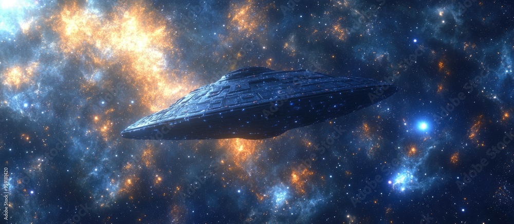 Poster alien spacecraft navigating through the vastness of deep space featuring stars in the backdrop illus