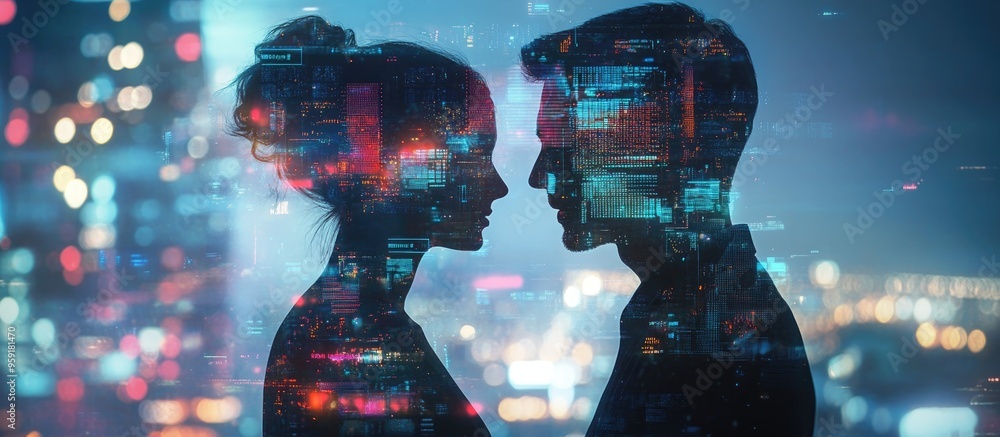 Poster double exposure of a man and woman collaborating with a technology themed holographic drawing repres