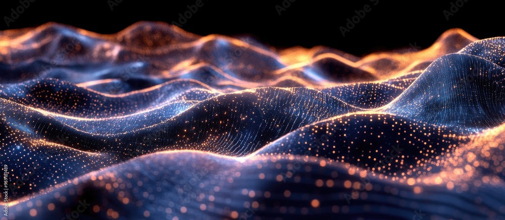Poster abstract background featuring a futuristic wave of particles representation of big data 3d rendering