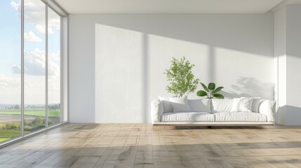 Minimalist Living Room with White Couch and Large Window