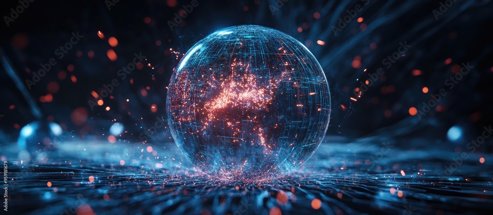 Poster illuminated 3d distorted sphere of luminous particles and wireframe representing a digital explosion