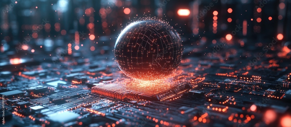 Poster abstract circuit board featuring electronic components alongside a neural network conceptual depicti