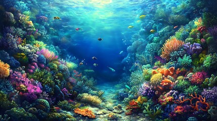 Fototapeta premium A vibrant coral reef with an array of colorful fish, sea anemones, and coral formations visible through crystal-clear water