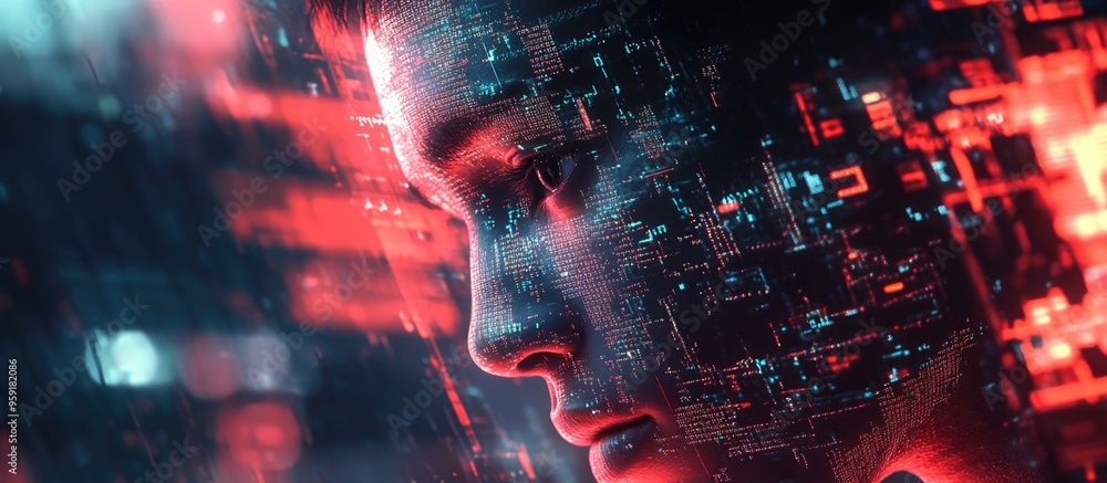 Poster 3d portrait of a man featuring a glitch effect in a cyberpunk style conceptual representation of art