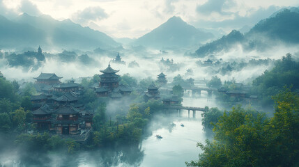 A misty morning scene with ancient temples nestled among lush greenery in a scenic valley.