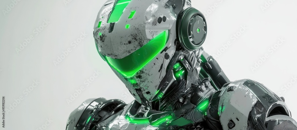 Poster futuristic mech soldier with a green and gray metallic design featuring scratched armor the robot co