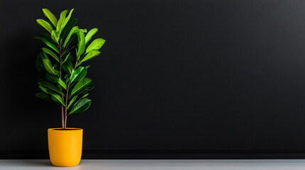 Green plant in a yellow pot standing on a white floor against a black wall with copy space
