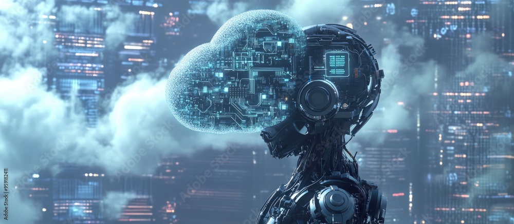 Poster 3d rendering of a cloud shaped circuit integrated with a humanoid robot