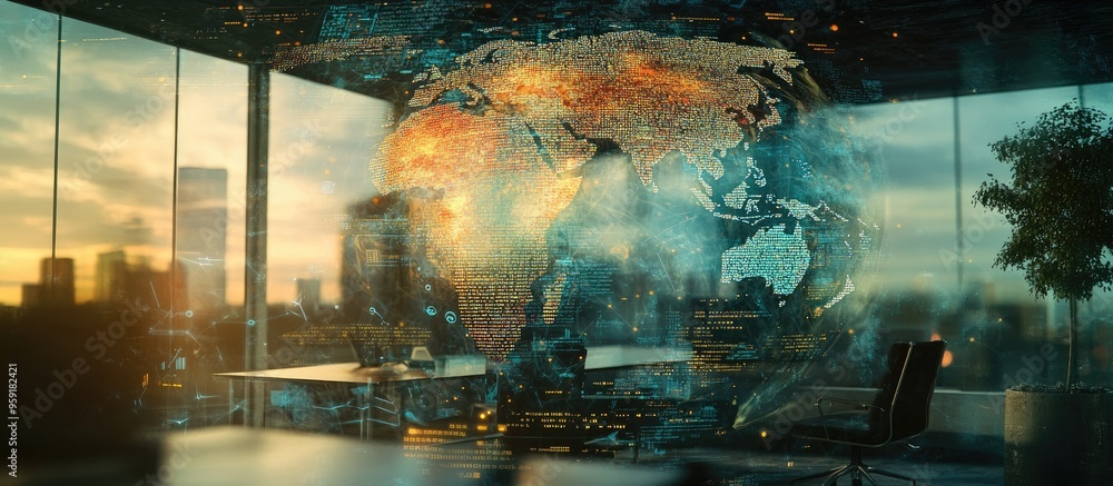 Aufkleber abstract multi exposure of creative coding sketches combined with a world map set against a contempo