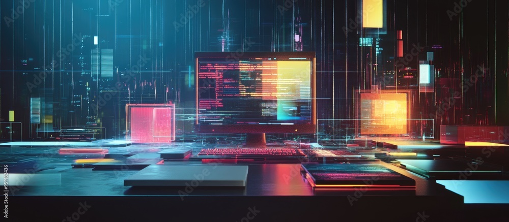 Poster technology themed illustration featuring a computer on a table showcasing concepts of information th