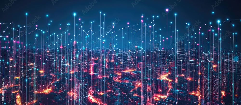 Poster modern business district illuminated at night featuring a panoramic view with connection lines and d