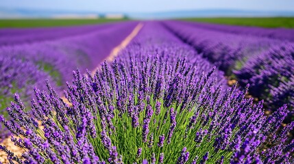 Obraz premium A vibrant field of lavender in full bloom with a clear sky and the scent of flowers in the air 
