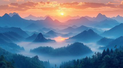 Obraz premium A stunning sunrise over a misty mountain range, with the sun peeking through the clouds.