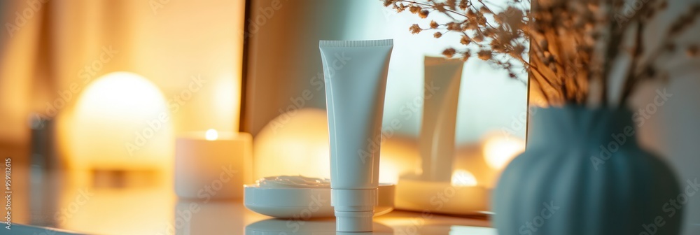 Poster a tube of cream is placed alongside a decorative vase, its reflection visible in a nearby mirror as 