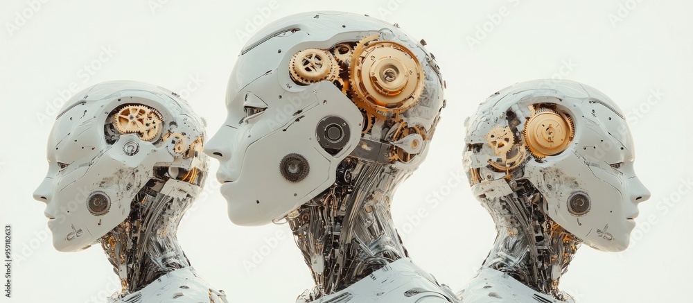 Poster futuristic humanoid robot reveals intricate head mechanism with numerous gears by removing its face 