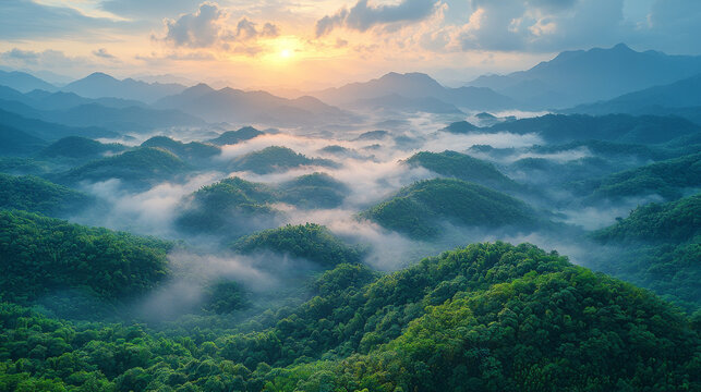 Misty morning sunrise over rolling green hills.