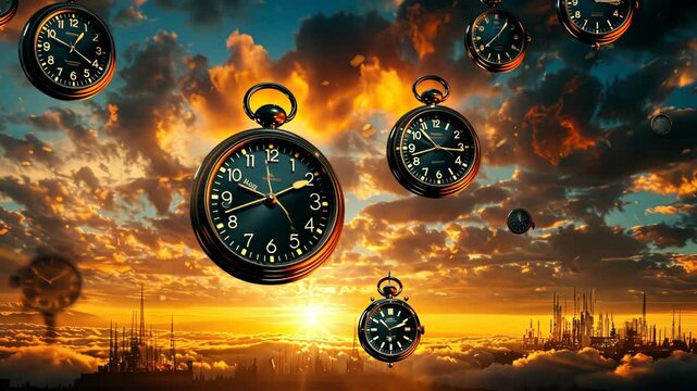 A breathtaking landscape unfolds as clocks float effortlessly in a stunning sunset, casting rich colors across the sky and illuminating a shadowy city in the distance