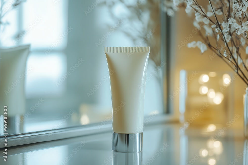 Poster A tube of cream reflects in a mirror, surrounded by elegant lighting and delicate flowers, creating a tranquil atmosphere. Generative AI