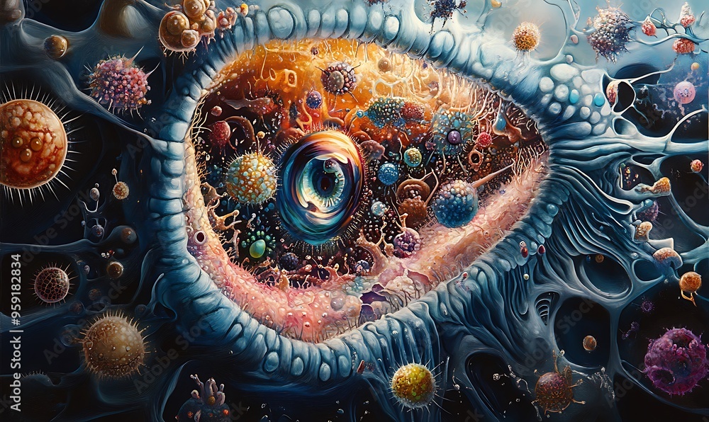Poster abstract microscopic view of cells and organisms
