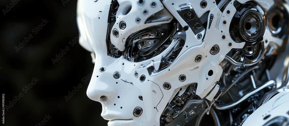 Poster intricately designed robotic face set against a dark backdrop 3d rendering