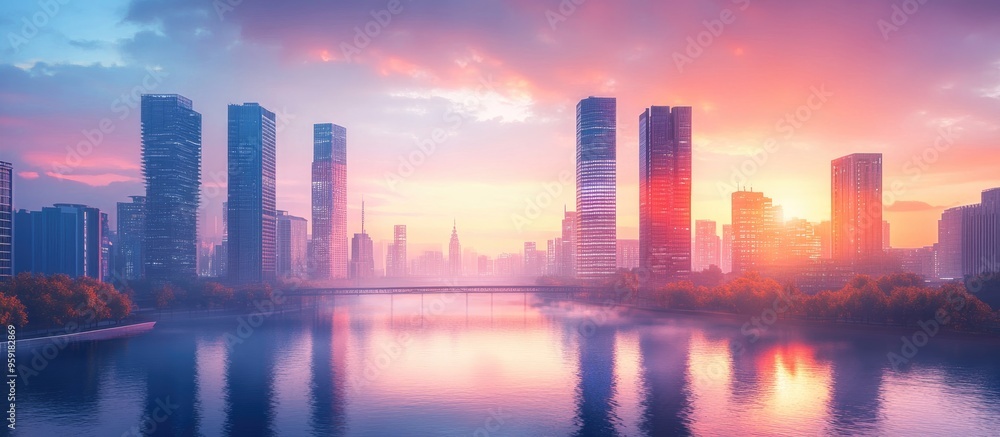 Aufkleber skyline view from across a river featuring skyscrapers during sunset concept of artificial intellige
