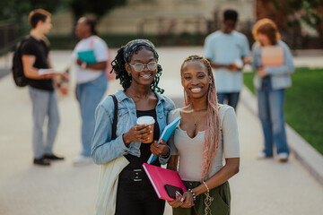 Obraz premium Close up of happy diverse female classmates at campus smiling at camera