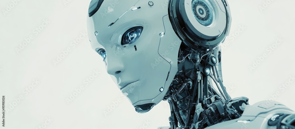 Poster futuristic robot communication concept of artificial intelligence 3d representation on a white backg