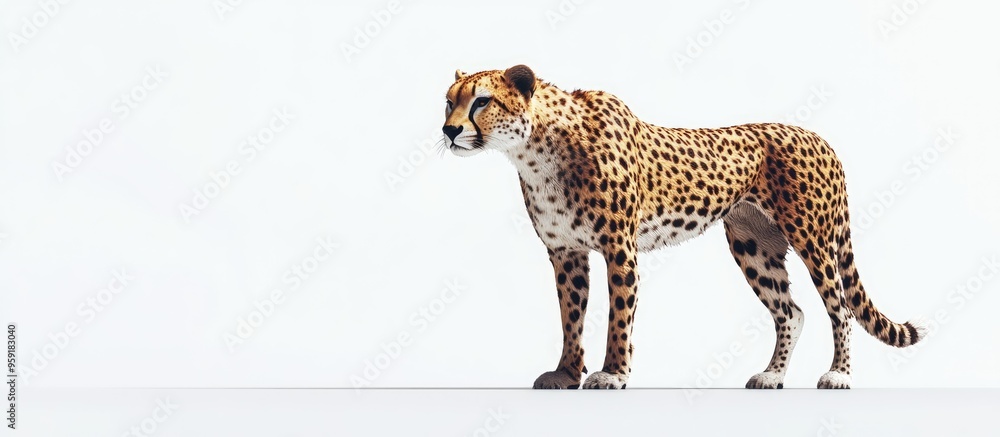 Poster 3d illustration of a side view of a cyber cheetah standing on a white background with ample copy spa