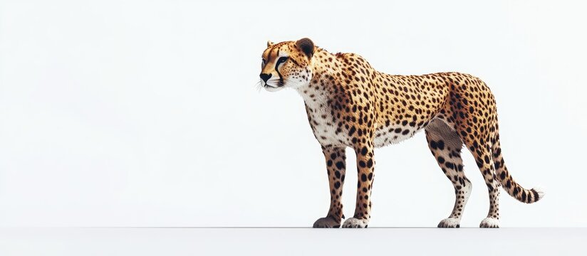 3D illustration of a side view of a cyber cheetah standing on a white background with ample copy space