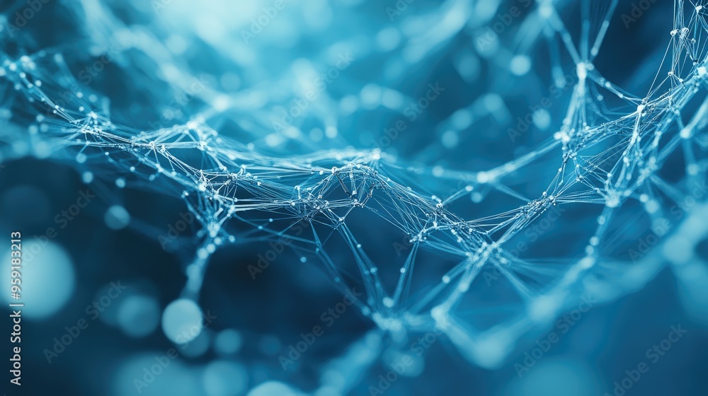 Poster abstract blue backdrop featuring a plexus effect and network connection structure in 3d rendering