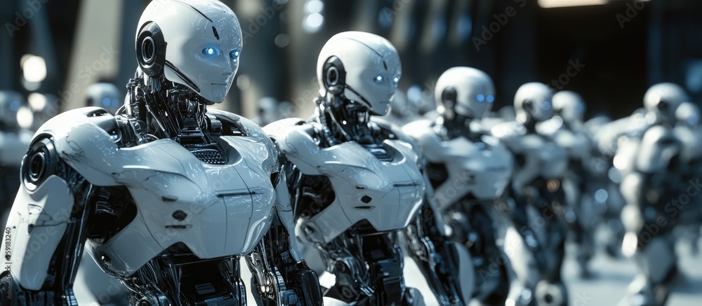 Poster Robots are actively moving in a futuristic setting A visual representation of advanced technology featuring 3D rendered robotic actions