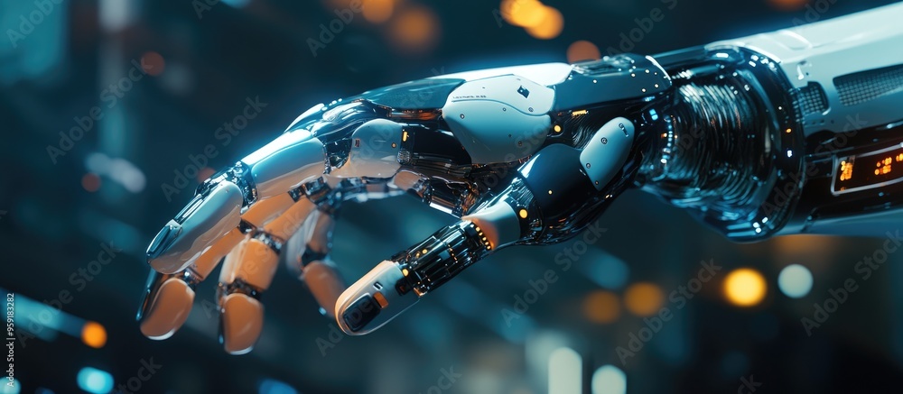 Poster 3d rendering of a robotic hand interacting with digital graphics