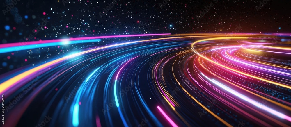 Poster abstract neon circular lines in a space setting featuring a contemporary 3d rendered background and 