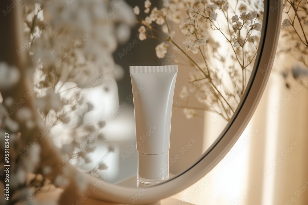 Aufkleber A tube of cream stands in front of a mirror, beautifully reflecting its shape while delicate white flowers complement the soft ambiance. Generative AI