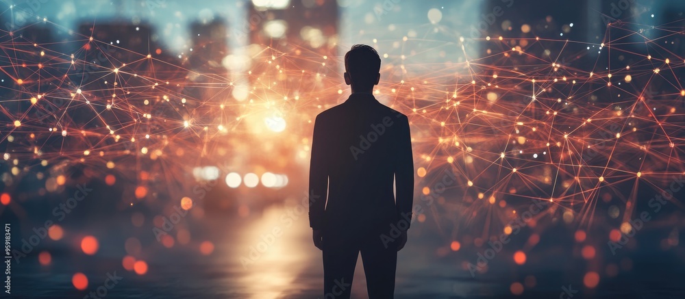 Poster businessman engaged in global communication and connection through social networks emphasizing techn