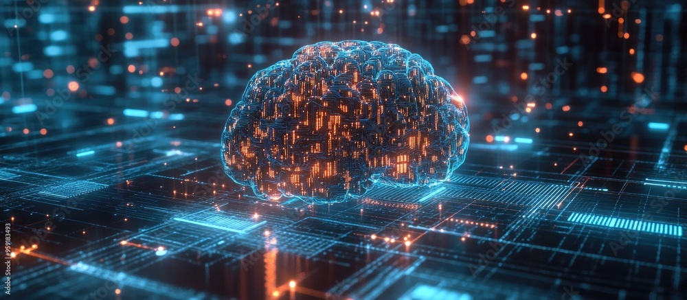 Poster illustration of artificial intelligence and machine learning concepts depiction of digital code and 