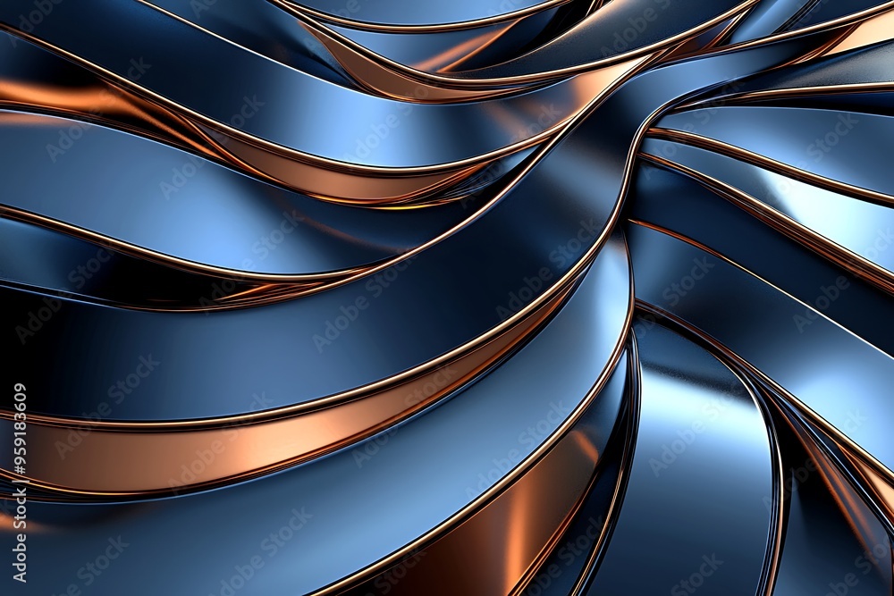Poster elegant design needs met by 3d curved lines in indigo and rust with a metallic finish.
