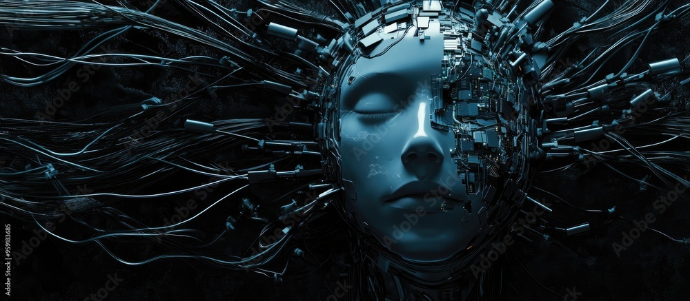 Poster futuristic android face intertwined with multiple digital wires and chargers representing digitaliza