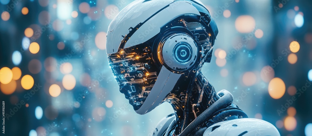 Poster robot on a blurred backdrop generating artificial intelligence within a digital brain 3d visualizati