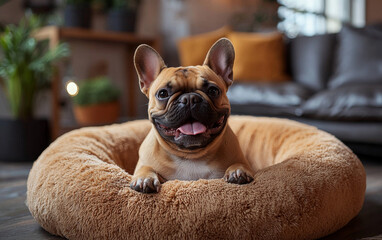 A cute French Bulldog sits on a plush bed with a big smile on its face.