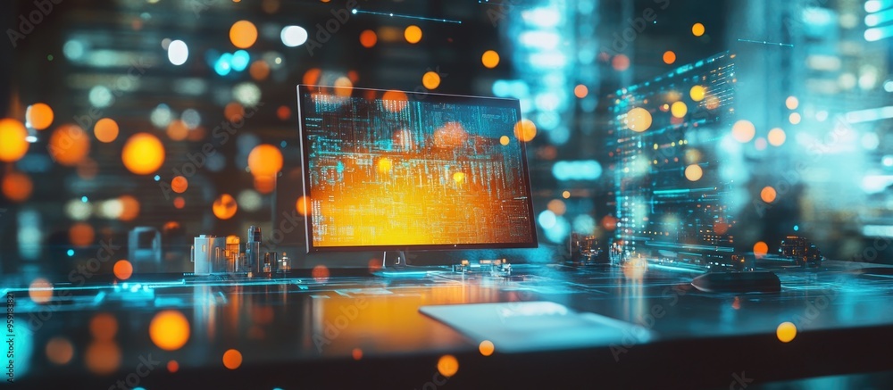 Poster double exposure of a table featuring a computer overlaid with a data themed illustration symbolizing