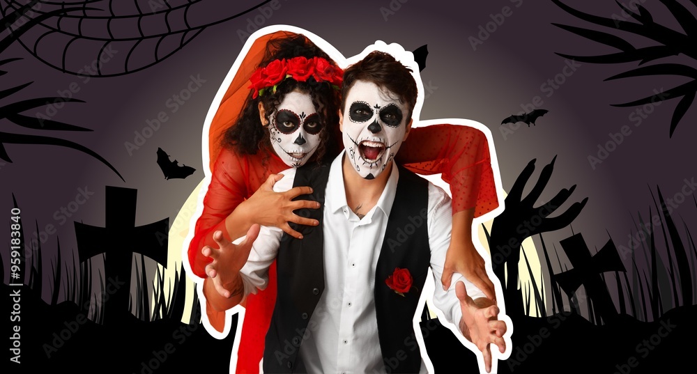 Sticker Young couple dressed for Halloween at night