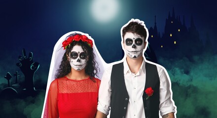 Young couple dressed for Halloween at night