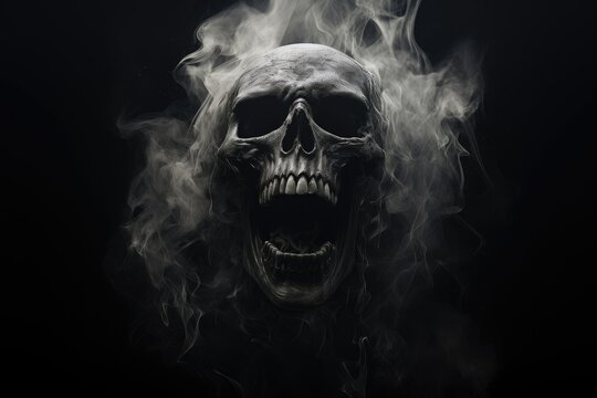 Scary evil skeleton skull with smoke on black background. Halloween and Day of the Dead concept. No Smoking campaign. Gothic style. Spooky concept for design greeting card, banner, poster