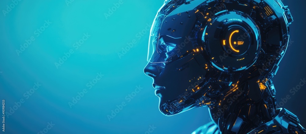 Poster holographic projection of a robotic head on a blue background showcasing artificial intelligence in 