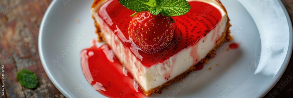 Canvas Prints Heart-Shaped Baked Strawberry Cheesecake with Mint, Viewed from Above