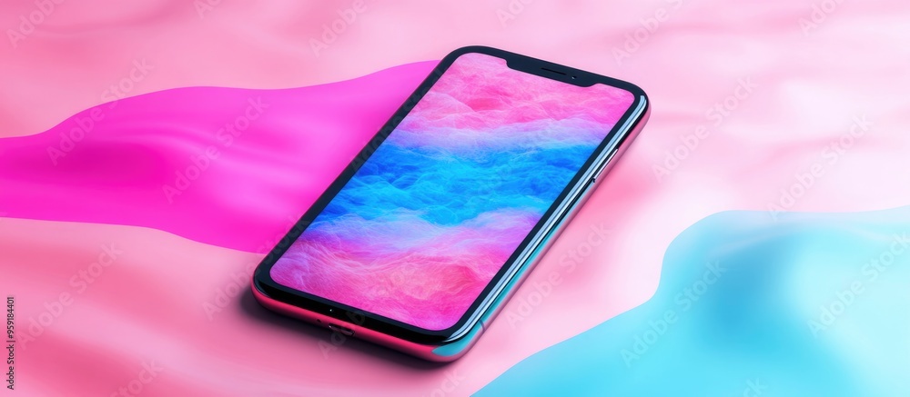 Poster mobile phone displaying a screensaver on a vibrant color display