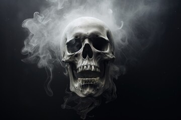 Scary evil skeleton skull with smoke on black background. Halloween and Day of the Dead concept. No Smoking campaign. Gothic style. Spooky concept for design greeting card, banner, poster