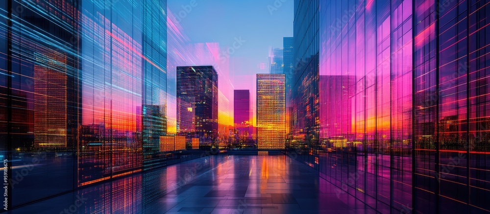 Poster data hologram overlaying office buildings illustrating concepts of big data and blockchain through m
