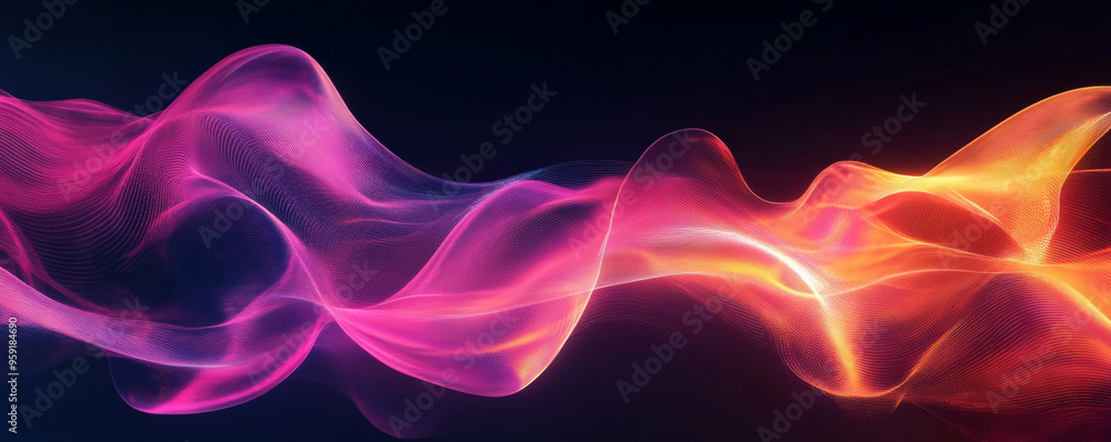 Poster an abstract futuristic scene with swirling, neon-colored waves in pink and orange against a dark bac